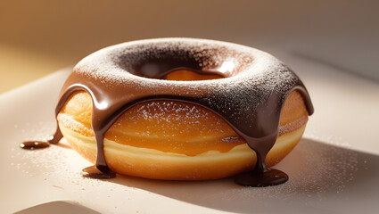 A golden-brown yeast donut filled with creamy chocolate ganache, dusted with powdered sugar, set on a crisp white surface with warm golden lighting.