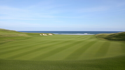 Obraz premium Coastal Golf Course View: A panoramic view of a picturesque golf course stretching towards the vast ocean.