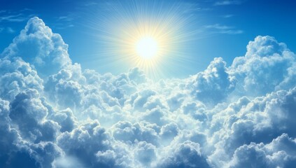 Bright sun shining above fluffy white clouds in a vivid blue sky.