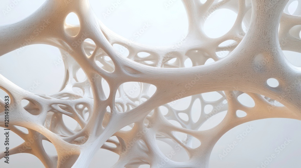 Poster Abstract 3D rendering of a complex, interconnected, off-white organic structure with holes and curves, resembling a network or sponge.