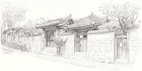 Sketch of a Traditional Asian House and Gate