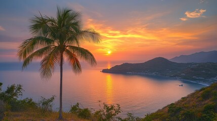 Sunset Paradise: Coastal Vista with Palm Tree