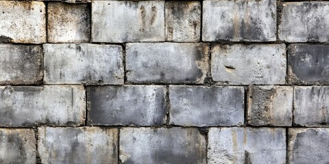 Fototapeta premium Weathered gray concrete block wall texture showcasing a rugged appearance with uneven surfaces and subtle variations in tone and shading