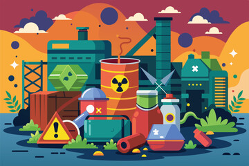 Naklejka premium Vivid illustration showing various hazardous waste containers and facilities in an industrial landscape Hazardous waste Customizable Disproportionate Illustration