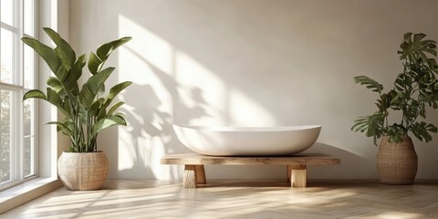 Minimalist bathroom with a white freestanding bathtub on wooden platform surrounded by potted plants and sunlight casting soft shadows on walls.