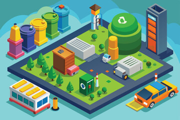 The illustration depicts a vibrant, organized area for hazardous waste disposal with vehicles and recycling points Hazardous waste Customizable Isometric Illustration