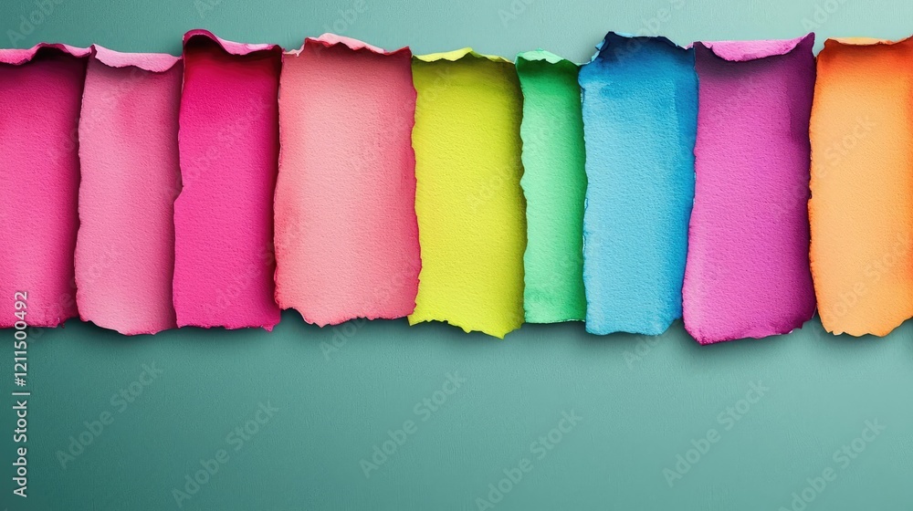 Poster vibrant watercolor concept. a vibrant array of colorful torn paper strips on a teal background for c