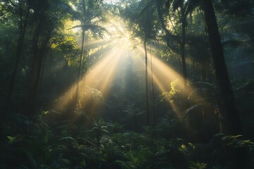 Mystical Sunbeams Illuminating Lush Forest at Dawn, Creating a Serene and Peaceful Atmosphere