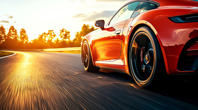 Red Sports Car Racing on Asphalt Road at Sunset: Speed, Luxury, and Thrilling Journey