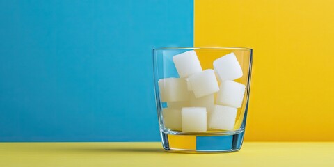 Refined white sugar cubes in a clear glass set against a vibrant blue and yellow split background highlighting sugar's presence in beverages.