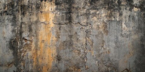 Weathered gray cement wall texture with cracks and orange stains, featuring worn surfaces, rough texture, and an aged appearance