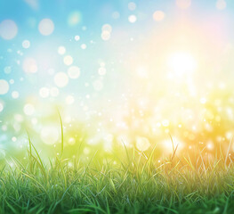 Obraz premium A cheerful spring background featuring light green grass, a clear blue sky, and a bright sunny glow with soft bokeh effects. The warm sunlight enhances the vibrant landscape