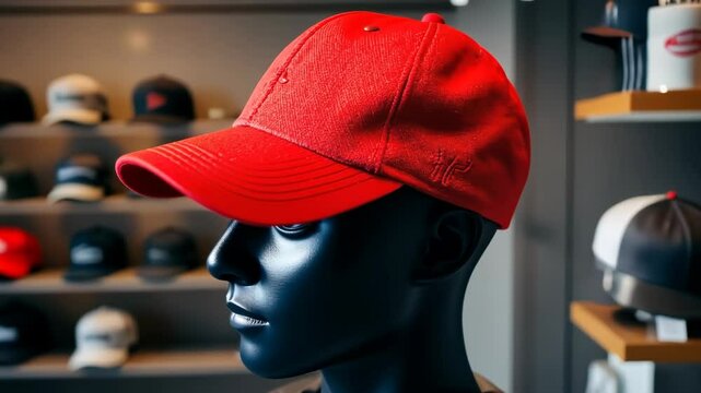 Red Baseball Cap on a Mannequin Head in a Store Display