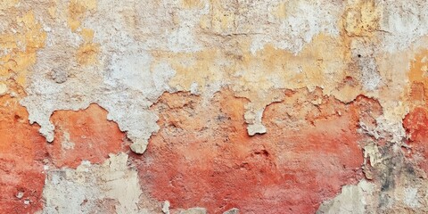 Aged textured wall in earthy tones of orange and red featuring distressed, peeling paint and cracked surfaces creating a rustic, weathered look