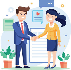 Fototapeta premium People shaking hands at work - Two businesspeople, man and woman doing handshake in office at work while smiling over business agreement and deal. Flat design stock illustration on white background