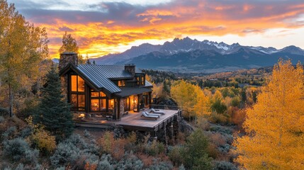 Cozy mountain cabin glowing at sunset with scenic fall foliage and snowy peaks