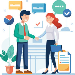 People shaking hands at work - Two businesspeople, man and woman doing handshake in office at work while smiling over business agreement and deal. Flat design stock illustration on white background
