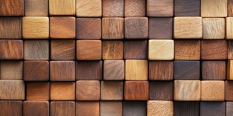 Wooden cubes of varying shades arranged in a textured pattern with empty space for text in the center on a warm brown background