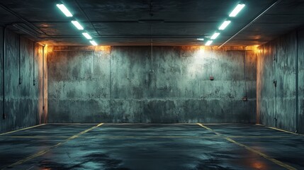 Industrial empty garage with sharp fluorescent lights casting stark shadows across unfinished walls