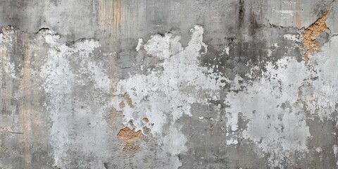Fototapeta premium Weathered gray wall with rough grunge texture showing peeling paint and plaster details in the middle with worn concrete at the edges
