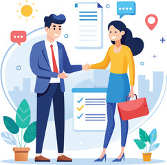 People shaking hands at work - Two businesspeople, man and woman doing handshake in office at work while smiling over business agreement and deal. Flat design stock illustration on white background
