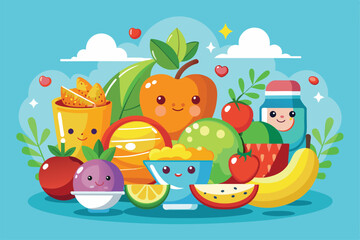 Obraz premium A vibrant assortment of healthy food items, including fruits and snacks, illustrated in a playful, cartoon style Healthy food Customizable Cartoon Illustration