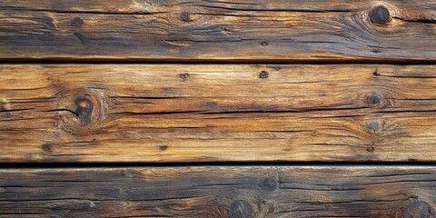 Wooden plank texture with rich brown hues, showcasing knots and grain patterns, horizontal alignment creating an abstract background for design.