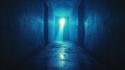 Dimly lit corridor with a bright light at the end, creating an eerie atmosphere and shadows