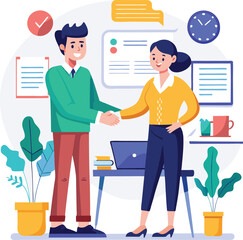 People shaking hands at work - Two businesspeople, man and woman doing handshake in office at work while smiling over business agreement and deal. Flat design stock illustration on white background