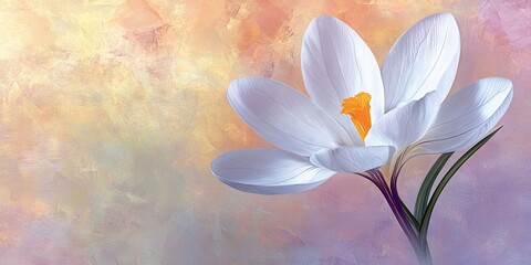 Elegant white crocus flower positioned left with soft pastel abstract background of peach, lavender, and yellow hues, symbolizing spring renewal.