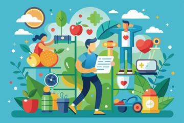 A vibrant illustration showcasing various healthy habits like exercise and nutrition in a cheerful, engaging way Healthy habit Customizable Flat Illustration