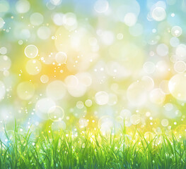 Fototapeta premium A cheerful spring background featuring light green grass, a clear blue sky, and a bright sunny glow with soft bokeh effects. The warm sunlight enhances the vibrant landscape
