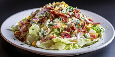 Wedge salad plated with crisp iceberg lettuce topped with blue cheese dressing red onions and crispy bacon on a dark background