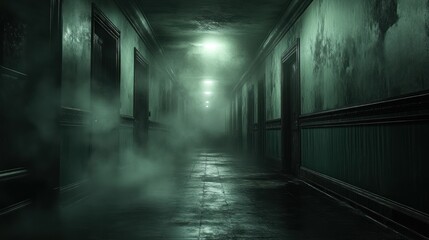 Dark, eerie hallway with fog and dim lighting, evoking a sense of mystery and suspense