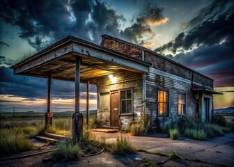 Obraz premium Alberta's East Coulee: Night falls on an abandoned gas station, low light paints a haunting exterior.