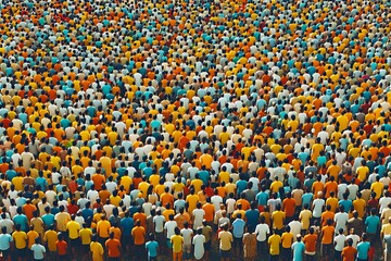 Fototapeta premium A vibrant sea of people: a massive crowd in colorful clothing, viewed from above.