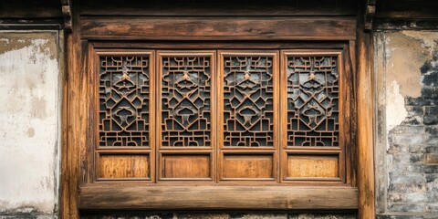 Traditional Chinese wooden window with intricate lattice design, featuring earthy tones of brown and beige, centered against a textured wall background.