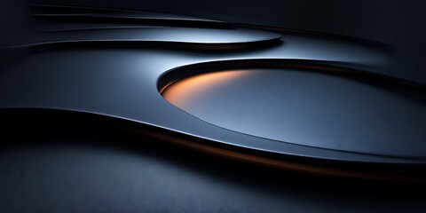 Abstract dark metallic curves with orange glow.