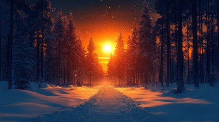 Naklejka premium Majestic Sunset in a Snowy Forest Path