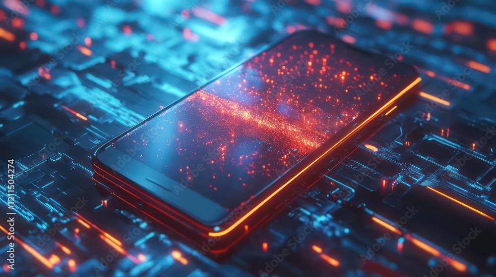 Leinwandbilder Futuristic smartphone displaying glowing data stream on a circuit board.