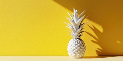 Minimalist white ceramic pineapple on a vibrant yellow background with bright shadows angled to the right showcasing modern design aesthetics