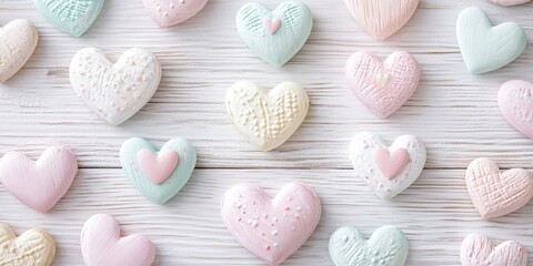 Pastel colored wooden hearts in shades of pink and mint scattered on a light wooden background embodying the spirit of Valentine's Day