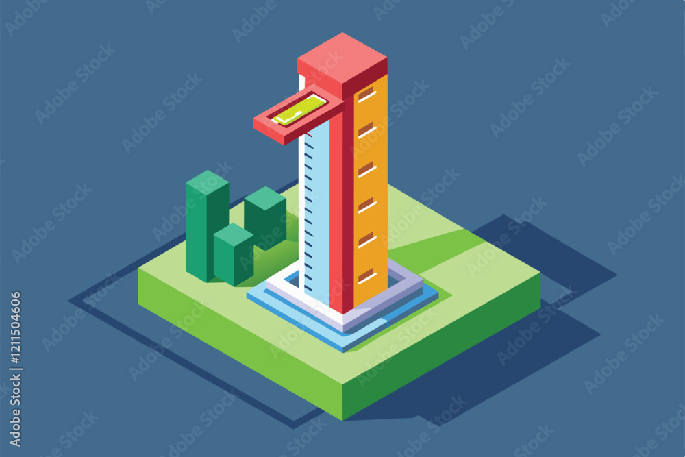 Aufkleber a colorful isometric building features a height meter beside green structures on a flat landscape he