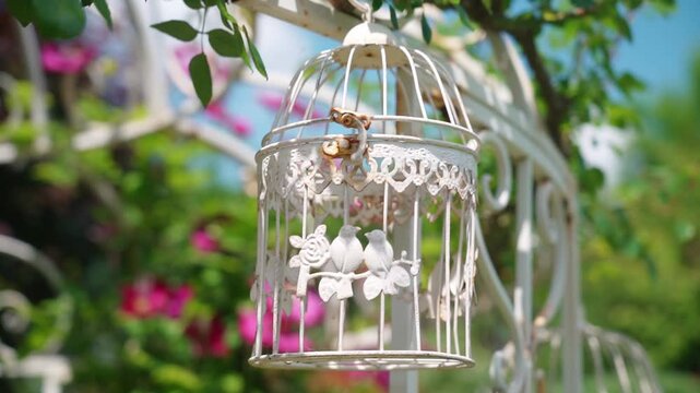 Close-up of a decorative white birdcage with floral details
