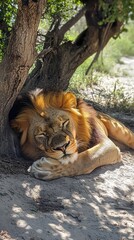 Naklejka premium Male lion sleeping peacefully under a tree in the shade