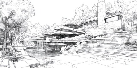 Architectural Sketch of a Modern House by a Waterfall