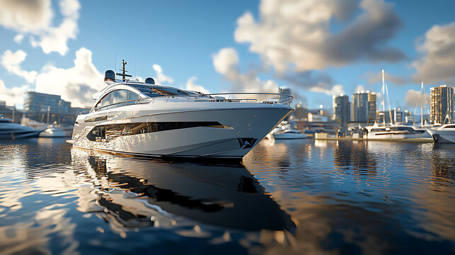 luxurious yacht anchored in serene marina, reflecting vibrant skyline and clouds