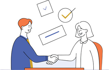 People shaking hands at work - Two businesspeople, man and woman doing handshake in office at work while smiling over business agreement and deal. Flat design stock illustration on white background