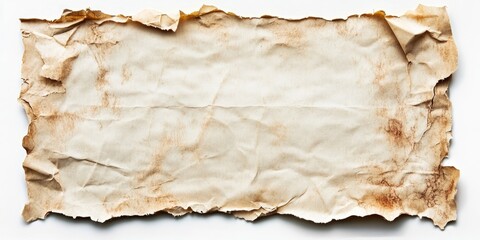 Aged crumpled paper with torn edges and brown spots on a white background creating a vintage texture ideal for design projects and backgrounds