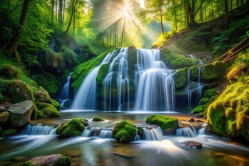 Obraz premium Austrian Klamm's emerald cascade, a tilt-shift long exposure captures the serene green forest landscape.